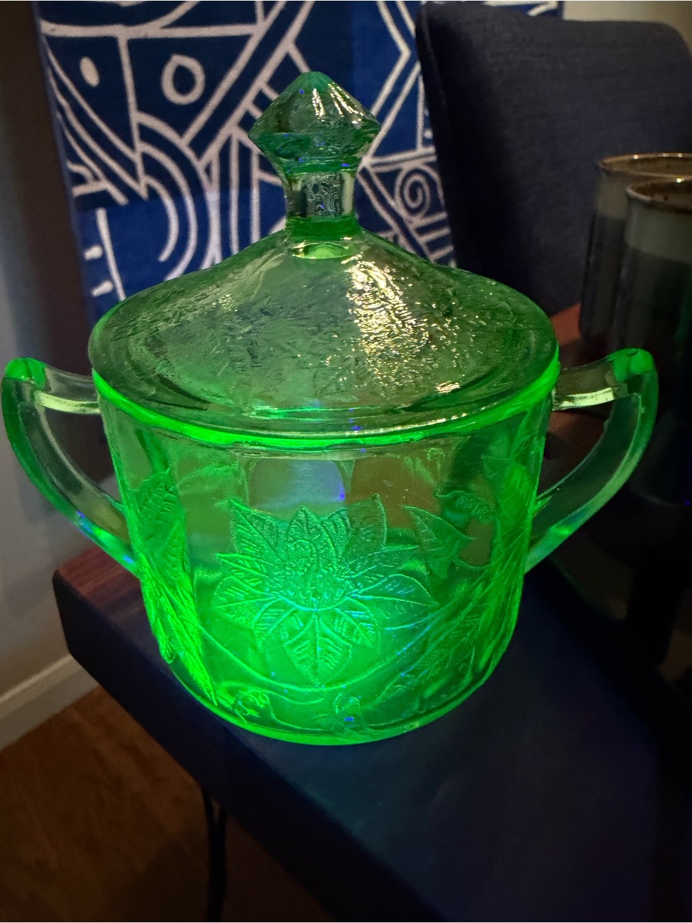 Jeanette Floral Poinsettia - Uranium Glass Sugar With Lid